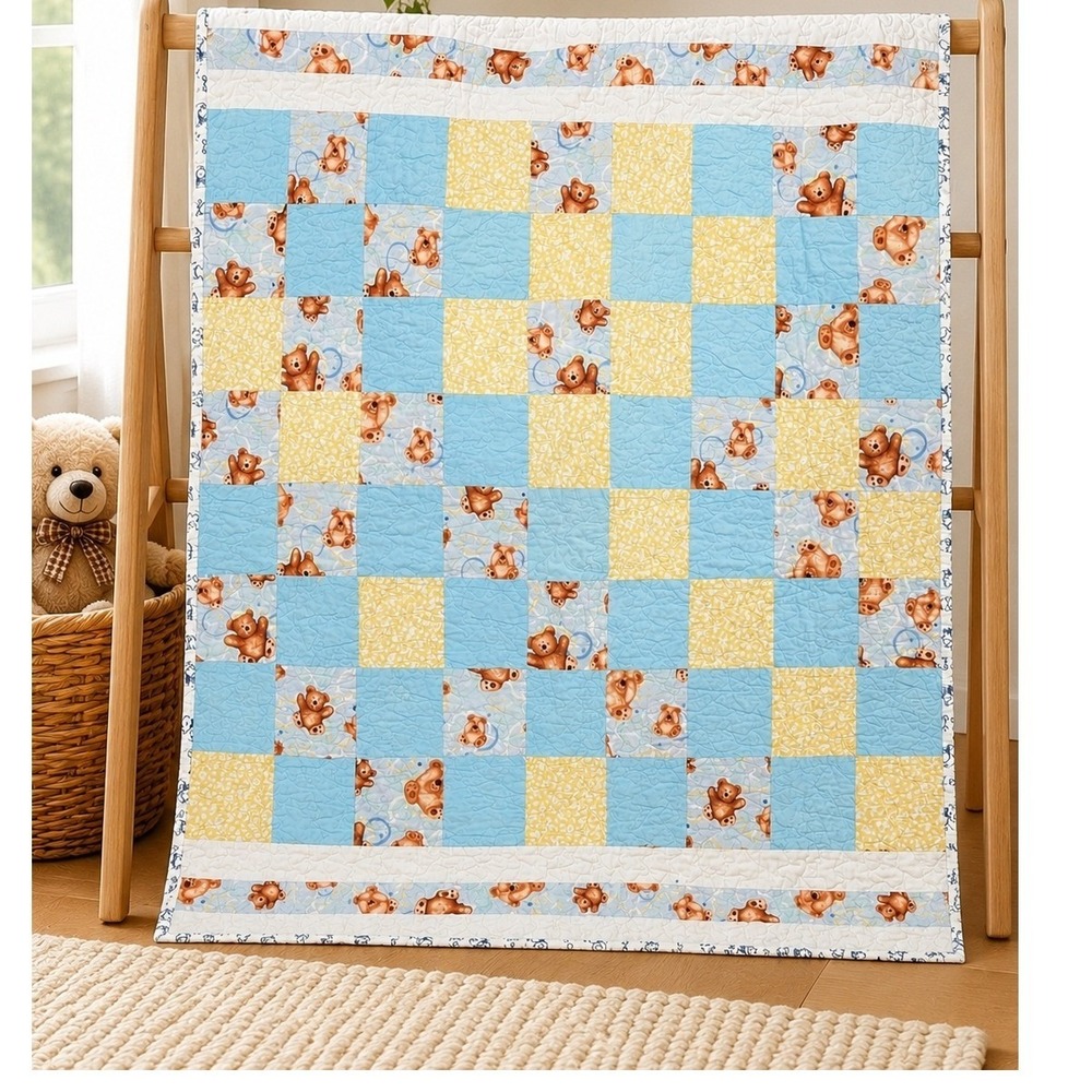 Handmade 42x36 Teddy Bear Patchwork Quilt Puppy Print Reverse Nursery Blanket